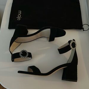 Maje black suede heeled sandals with crystal buckle